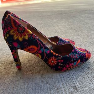 Naughty Monkey embroidered heels. Never worn, made in India. Size 7